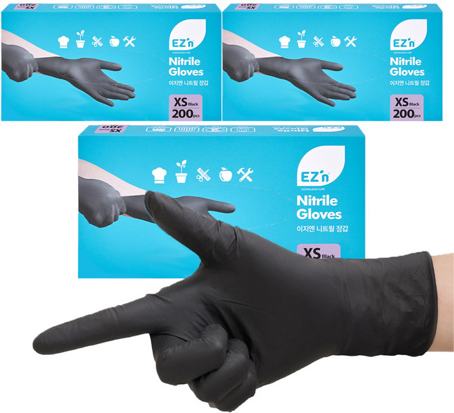 EZn이지엔 니트릴 장갑 3.5g 200p, 블랙, 미니(XS), 3개