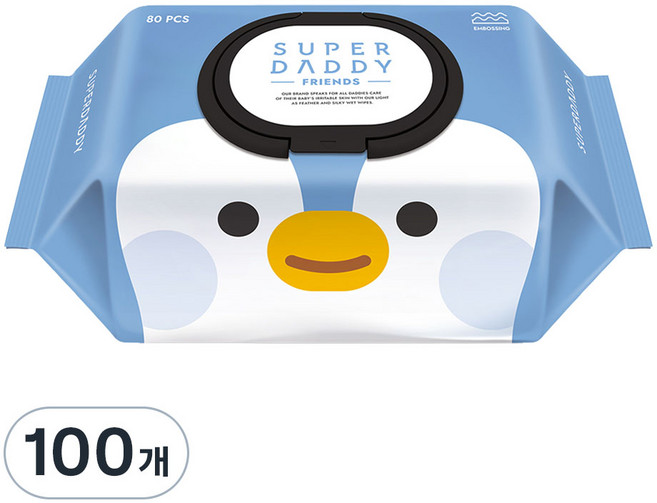 슈퍼대디 프랜즈 펭귄 유아물티슈 캡형, 55g, 80매, 100개