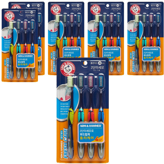 암앤해머 프레쉬케어 베이킹소다 2단미세모 칫솔, 4개입, 6개