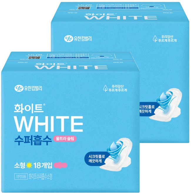 유한킴벌리 화이트 수퍼흡수 생리대 날개형, 소형, 18개입, 2개