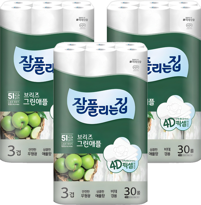 잘풀리는집 브리즈 그린애플 3겹 화장지, 25m, 30개입, 3개