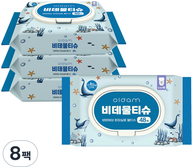 올담 고래 에디션 비데물티슈 캡형, 8개, 48매, 177g