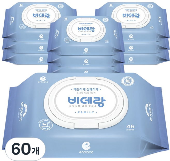 앙블랑 비데랑 패밀리 비데티슈 캡형, 60g, 46매, 60개