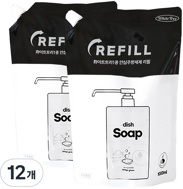 화이트트리 안심 주방세제 리필, 1L, 12개