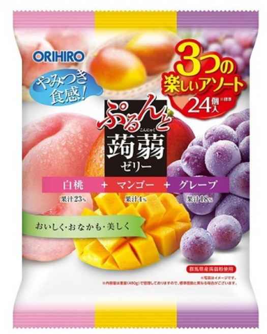 ORIHIRO 蒟蒻綜合果凍 白桃/芒果/黑葡萄 24包, 480g, 1袋