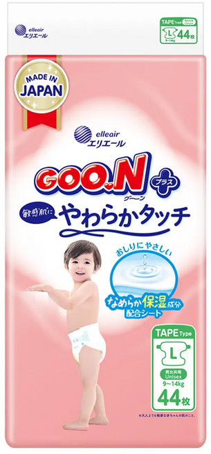 GOO.N 大王 日本境內版 SJ柔觸肌系列 黏貼型尿布 9~14kg, 44片, L