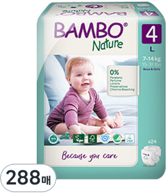 밤보네이처 밤보그린 밴드형 기저귀 유아용 19254, 4단계, 288매