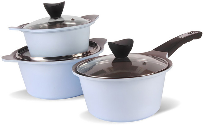 키친웰 벨로스 세라믹 코팅 냄비 3종 뚜껑 랜덤발송, 스카이블루, 양수냄비 16cm + 20cm + 편수냄비 18cm, 1세트