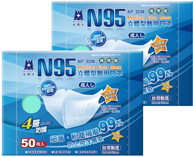 BLUE EAGLE 藍鷹牌 成人N95立體型醫用口罩, 青色, 50片, 2盒