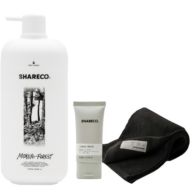 SHARECO 台灣公司貨 日常沐浴組 木曜森林沐浴膠 + 黑色純棉短浴巾＋潔面乳體驗, 1套
