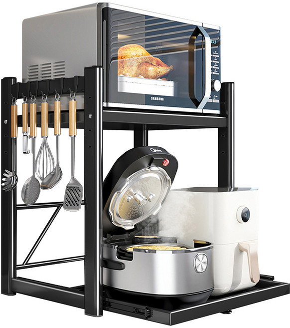 엠디유마켓 프리미엄 슬라이딩 높이 조절 밥솥 전자레인지 선반 2단 + 후크걸이 6p 세트, 블랙, 1세트