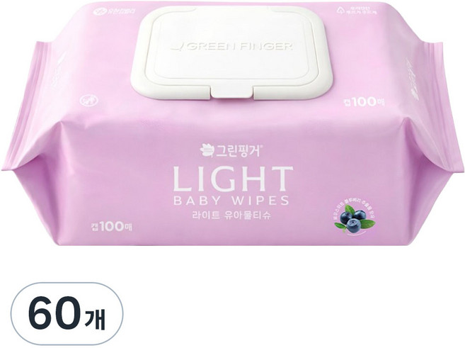 그린핑거 유아용 라이트 물티슈 캡형, 60개, 100매, 37g