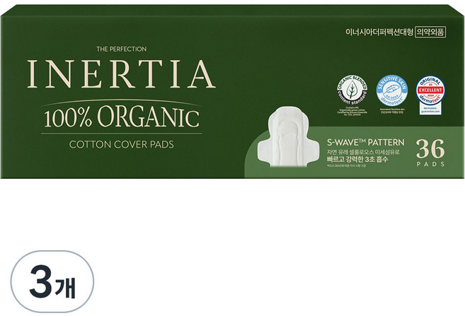 이너시아 더 퍼펙션 생리대 날개형, 대형, 36개입, 3개