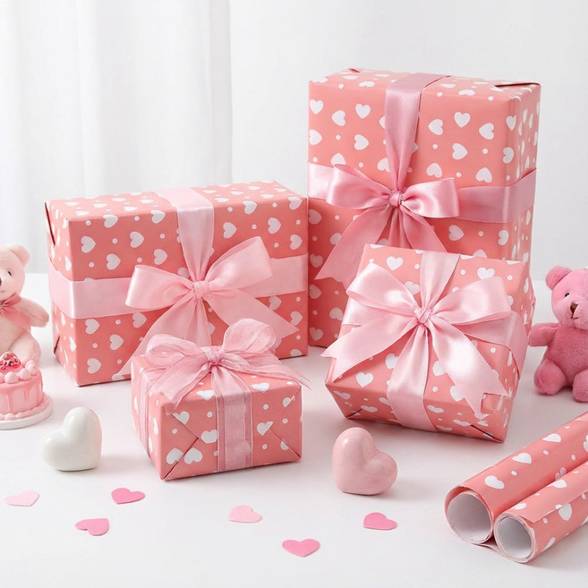 리드홈 예쁜 선물포장 종이 롤 하트 포장지 대형 70 x 100cm 3p + 양면 테이프 4.3m 세트, 01 핑크하트, 1세트