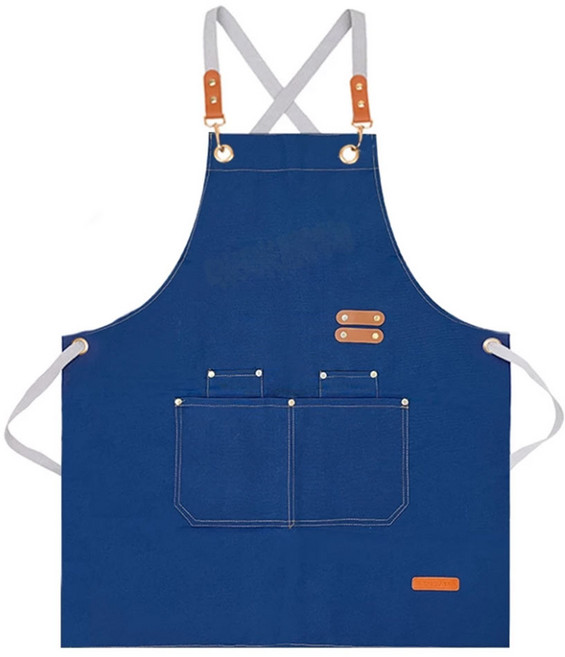 防潑水工作圍裙 帆布皮革金屬材質 廚房咖啡廳適用, 深藍色, 1件