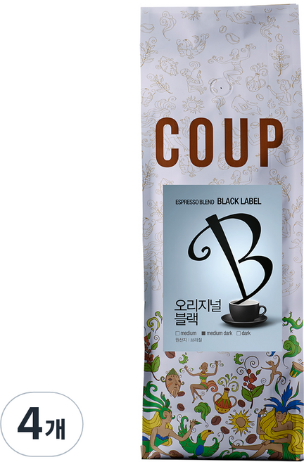 훔볼트 블랙 스페셜티 블렌드 원두커피, 홀빈(분쇄안함), 500g, 4개
