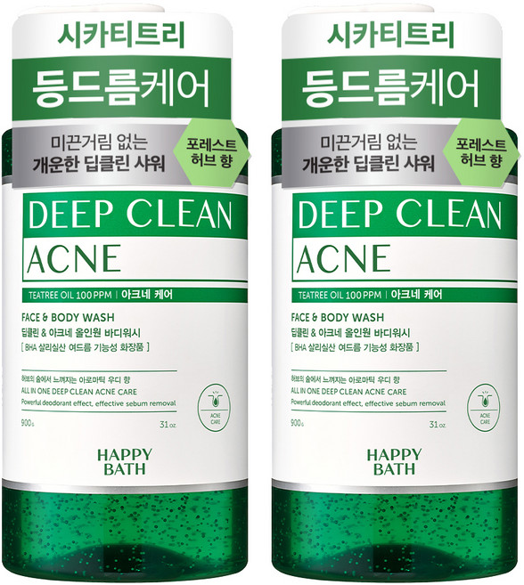 해피바스 딥클린 티트리 아크네 케어 올인원 바디워시 아로마틱 우디 향, 900g, 2개