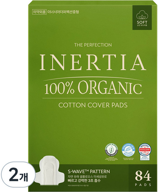 이너시아 더 퍼펙션 유기농 생리대 날개형, 중형, 84개입, 2개