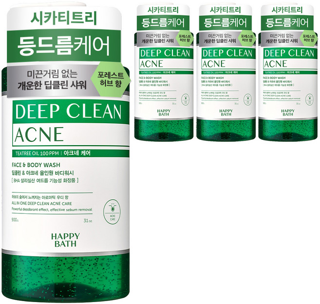 해피바스 딥클린 티트리 아크네 케어 올인원 바디워시 아로마틱 우디 향, 900g, 4개