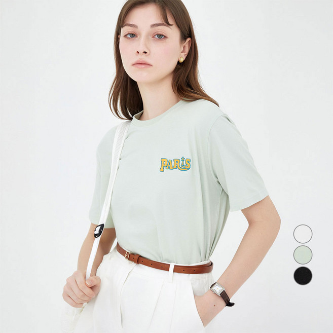 ELLE PARIS 여성용 Paris 자수 반팔 티셔츠