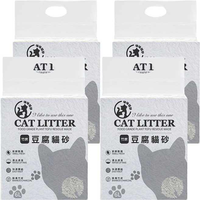 咪咪貓砂 CAT LITTER 豆腐貓砂/輕植系貓砂/除臭貓砂/植物貓砂, 竹炭, 6L, 4包