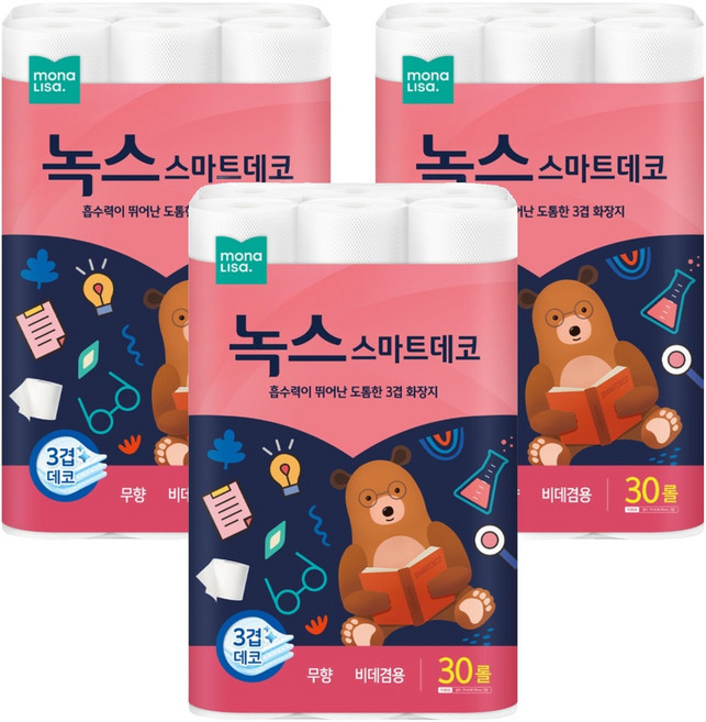 모나리자 녹스 스마트데코 3겹 고급롤화장지, 27m, 30롤, 3개
