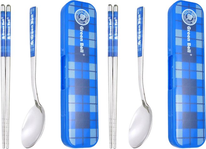 Green Bell 綠貝 格紋 304不鏽鋼餐具組, 餐具盒 + 湯匙 + 筷子, 藍色, 2組
