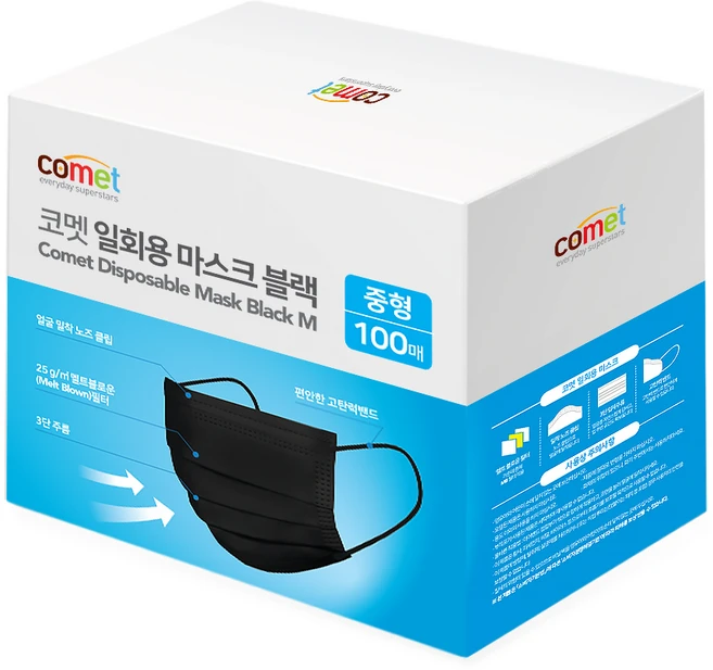 코멧 쉽게 뽑아쓰는 일회용 마스크 중형, 100개입, 블랙, 1개 - 쿠팡