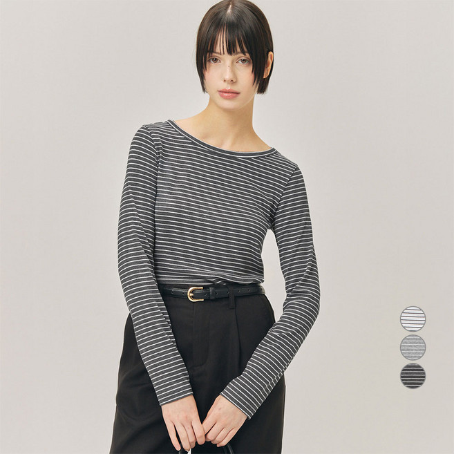 ELLEPARIS 여성용 스트라이프 라운드넥 립 티셔츠