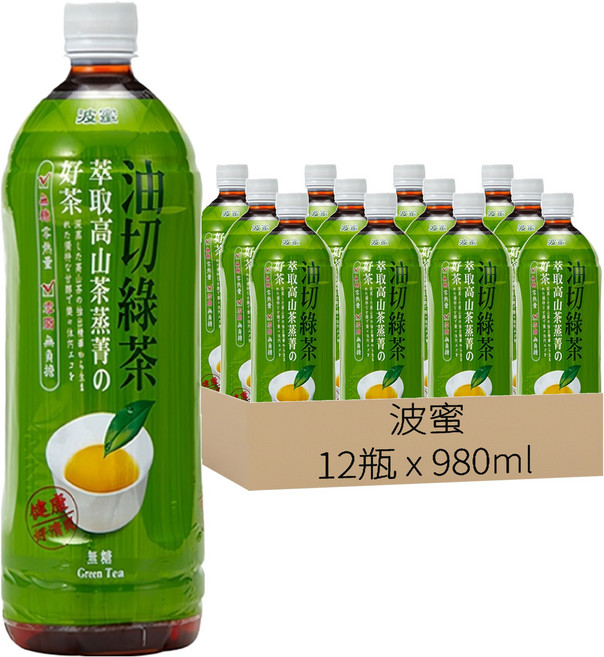 波蜜 油切綠茶 無糖, 980ml, 12瓶