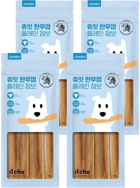 츄잇 애완동물 한우껌 점보 중대형용 덴탈껌, 플레인, 90g, 4개 - 쿠팡