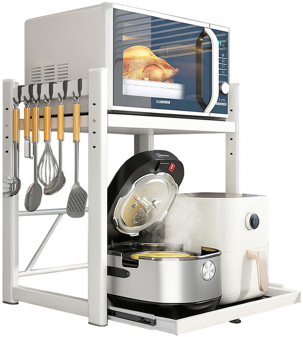 엠디유마켓 프리미엄 슬라이딩 높이 조절 밥솥 전자레인지 선반 2단 + 후크걸이 6p 세트, 화이트, 1세트