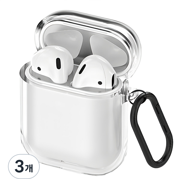 신지모루 변색방지 에어팟 TPU 케이스 + 철가루 방지 스티커 + 카라비너 세트, 에어팟 1/2세대, 투명(케이스), 3개