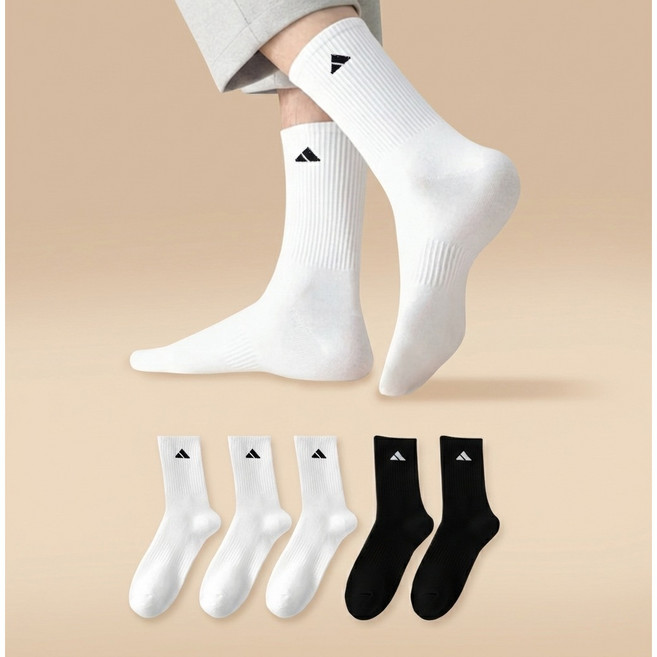 데이코지 남성용 스포츠 중목 양말 5콀레 세트, 블랙, 블랙, 화이트, 화이트, 화이트, 1세트