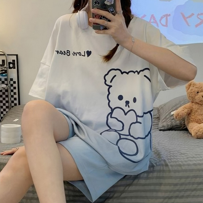 여성용 이지 라운드넥 반팔 잠옷 상하의 세트