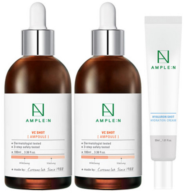 코리아나 앰플엔 VC샷 앰플 대용량 100ml 2개 + 히알루론샷 수분 크림 30ml, 1세트