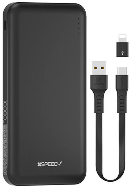 스피디 슬림 듀얼 보조배터리 10000mAh + C타입 케이블 + 8핀 젠더 세트, BND-2PCPPB100A, 블랙
