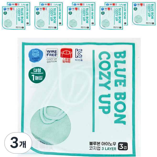 bluebon I KNOW Cozy Up 掛繩一體成型口罩 大型, 10入, 3個, 薄荷綠