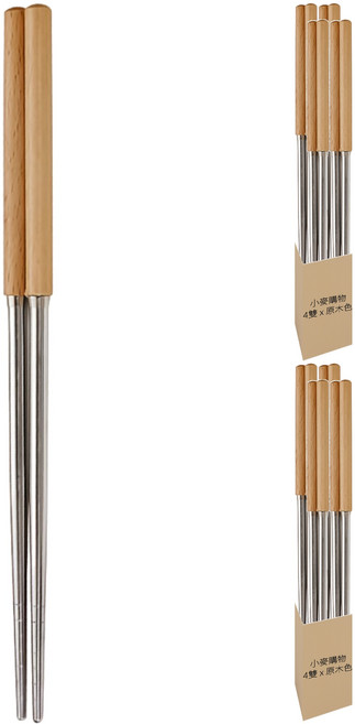 小麥購物 木柄不銹鋼餐具 G171 19g, 4雙筷子, 原木色, 8雙