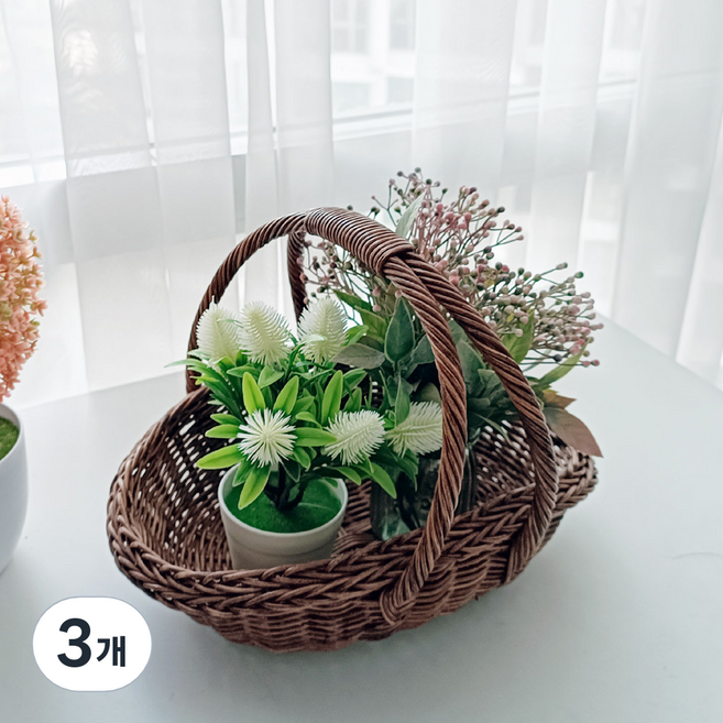 이태리 손잡이 선물 피크닉 라탄바구니 J071HM, 브라운, 3개