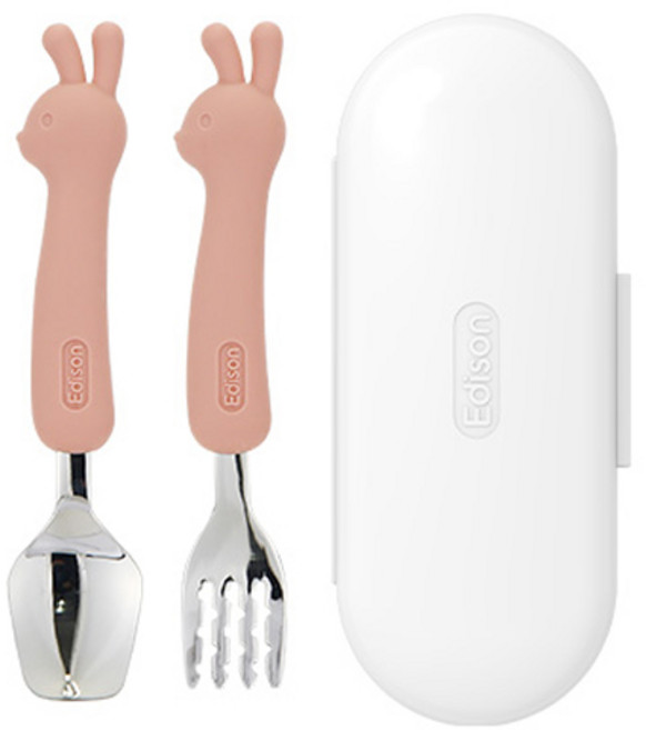 에디슨 유아 실리콘 스푼 포크 케이스 세트, 토끼핑크, 스푼 + 포크 + 케이스, 1세트