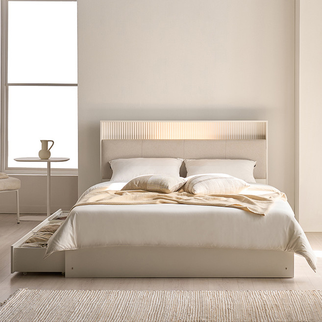 삼익가구 디세타 패브릭 템바보드 LED조명 빅서랍 3단 수납침대 프레임 단품 방문설치, 화이트