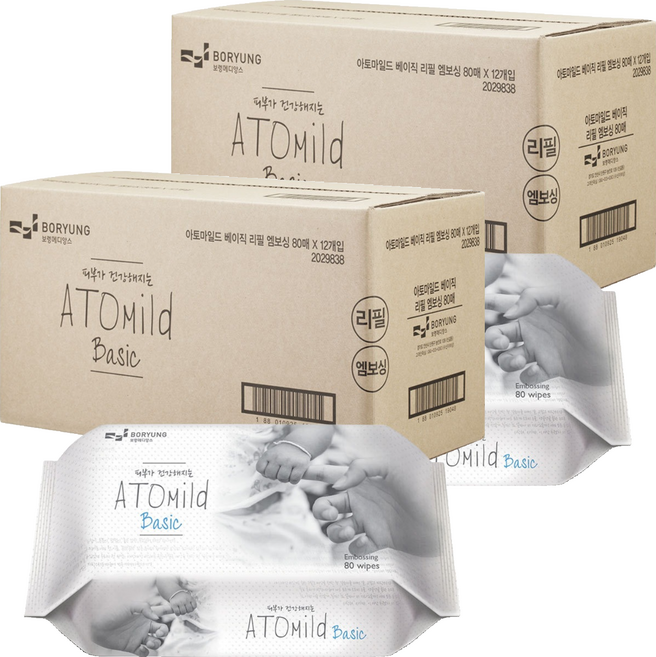 아토마일드 베이직 엠보싱 유아물티슈 리필형 50gsm, 80매, 24개