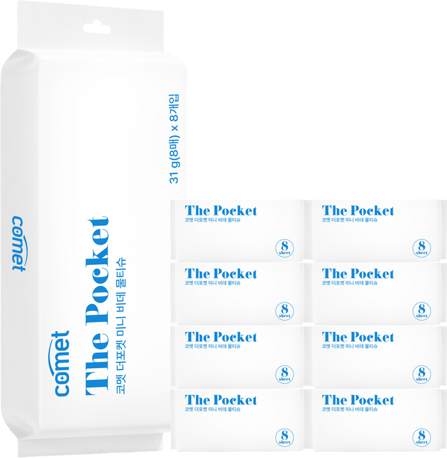 코멧 더 포켓 미니 비데 물티슈, 8팩, 8매, 65g
