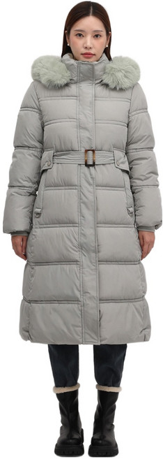 Elsso 女款毛領輕量連帽冬季腰帶長版羽絨外套