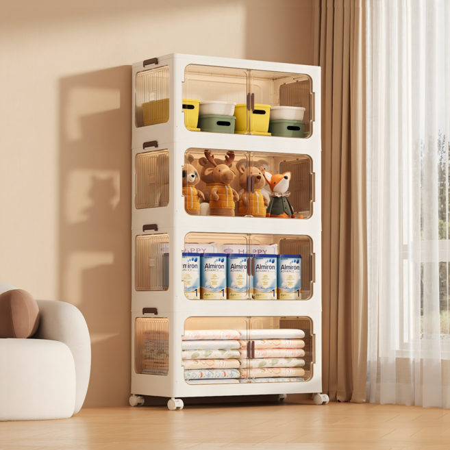 프란다스 접이식 폴딩 리빙박스 수납함 대형, 화이트 + 투명, 4개