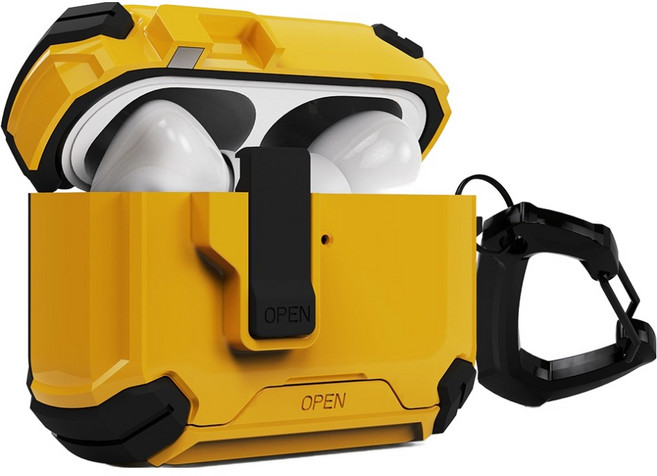 엑씨 아머락 잠금 기능 분실 방지 풀 커버 이어폰 범퍼 케이스 + 카라비너 세트, 옐로우, 1세트, 에어팟 프로3세대