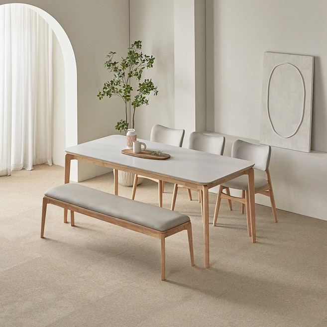 파로마 리샤르 세라믹 원목식탁 1800 6인용 + A리샤르 의자 3p + 벤치 세트 방문설치, 화이트상판 + 내추럴원목, 일반 3 + 벤치 1