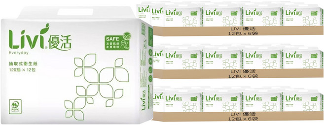 LIVI 優活 抽取式衛生紙, 12包, 18袋