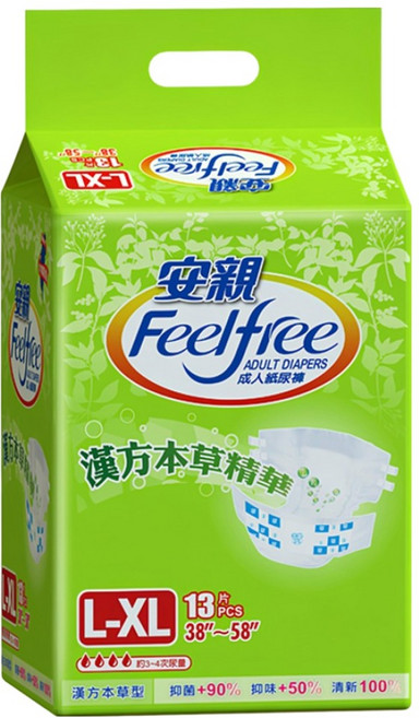 Feelfree 安親 漢方草本成人紙尿褲, L~XL(腰圍38~58吋), 13片, 1包